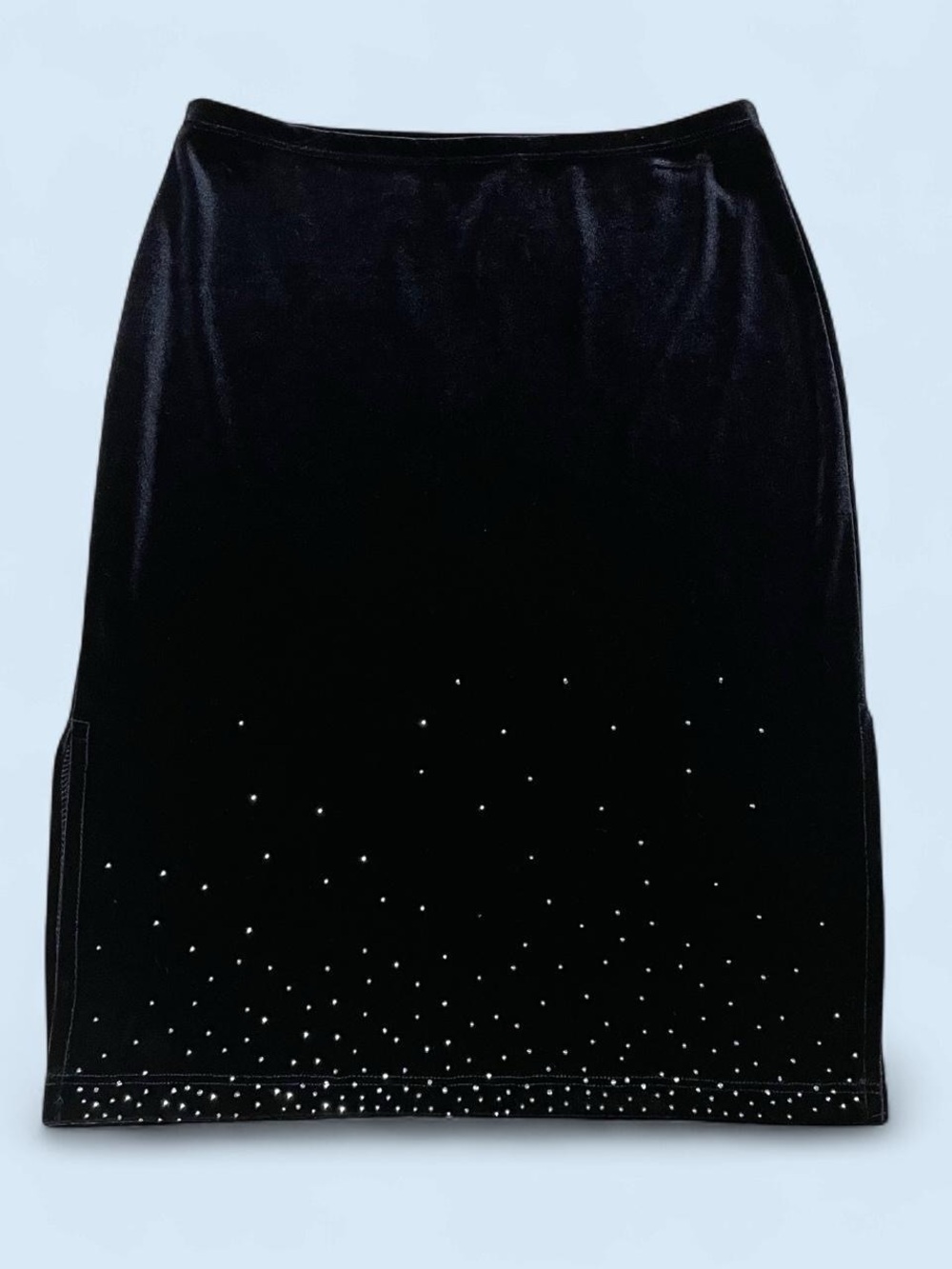 90s Vintage Black Velvet Rhinestone Midi Skirt